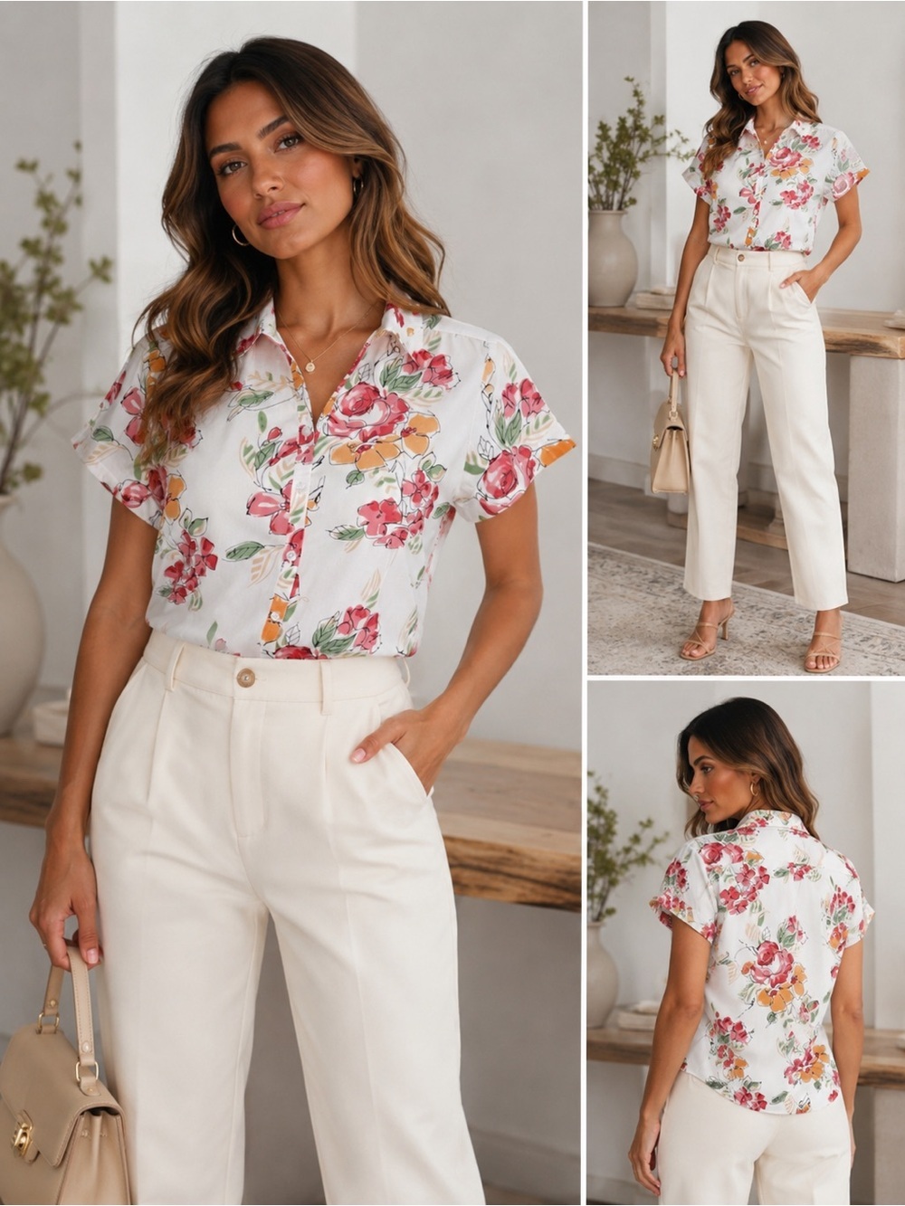 Karen Scott White Pink Short Sleeve Button Down Shirt (831)